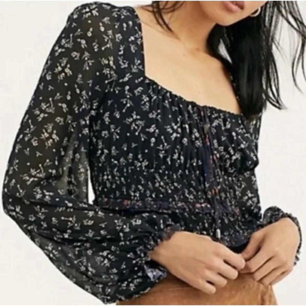 Free‎ People Lolita Floral Smocked Blouse L Black Cottage Peasant Top Semi Sheer